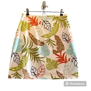 Tommy Bahama Cream Tropical Leaf Print Skirt with Green, Orange and Blue Accents